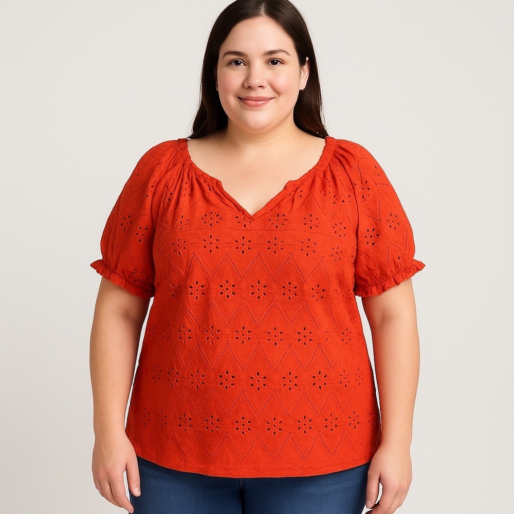 NWT Falls Creek Burnt Coral Eyelet Embroidered Cotton Puff‎ Sleeve Top Size XL